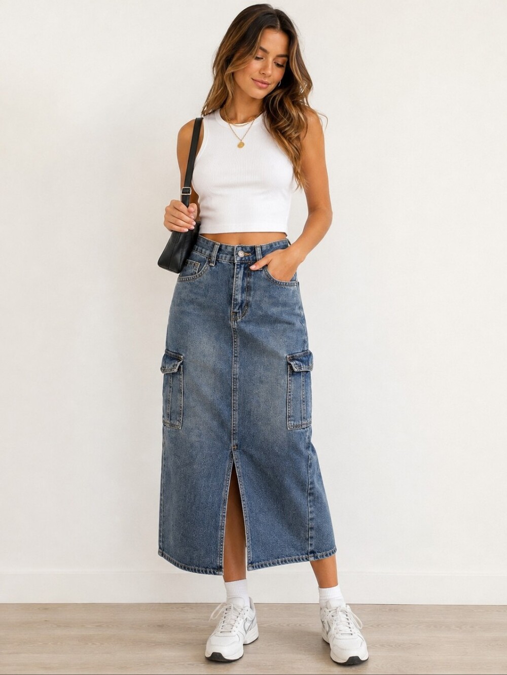 BURU N JUDY Denim Cargo Midi Skirt Blue Utility Y2K Korean Size S / US 4